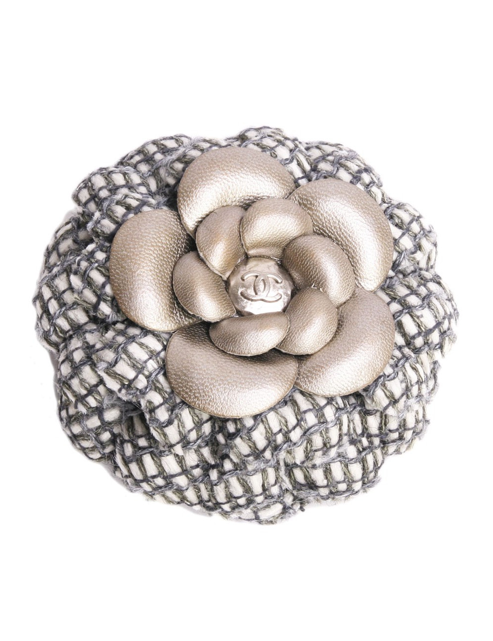 Broche CHANEL en cuir cuivré et tweed 