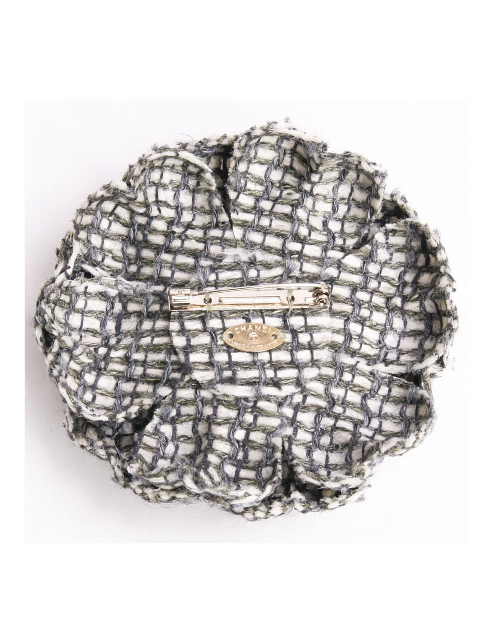 Broche CHANEL en cuir cuivré et tweed 
