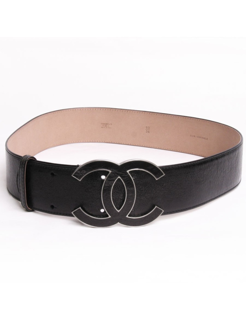 Ceinture CHANEL T 90 cuir noir et boucle double "C" gainée de cuir noir