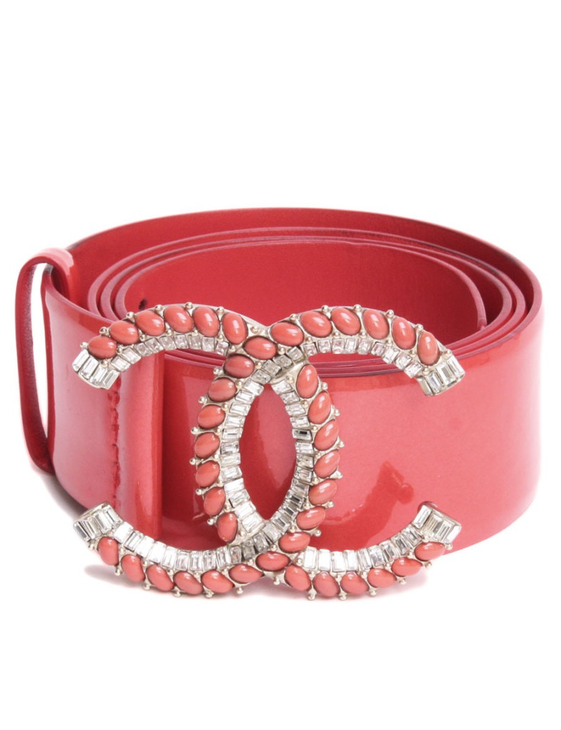 Ceinture CHANEL T 90 en cuir verni orange et belle boucle "CC" perles orange et brillants