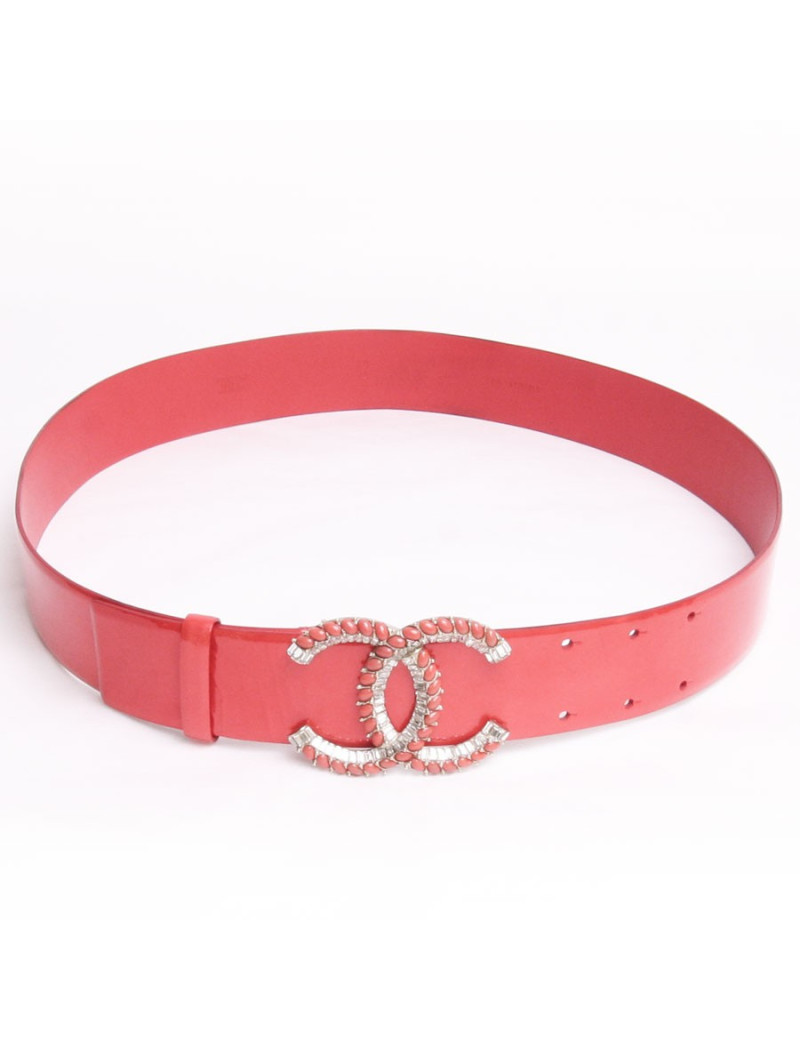 CHANEL T 90 leather belt painted orange and beautiful loop 'CC' coral and bright beads