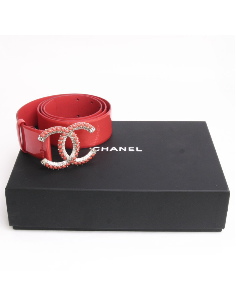 Ceinture CHANEL T 90 en cuir verni orange et belle boucle "CC" perles orange et brillants