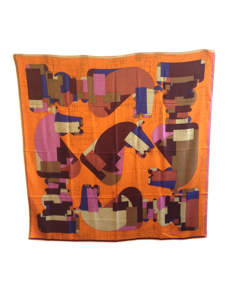 Châle HERMES "échec au roi" cachemire et soie orange 