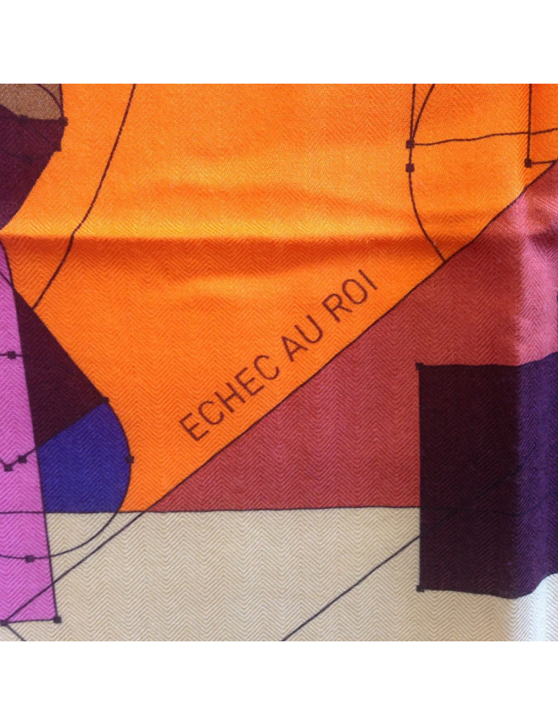 Châle HERMES "échec au roi" cachemire et soie orange 