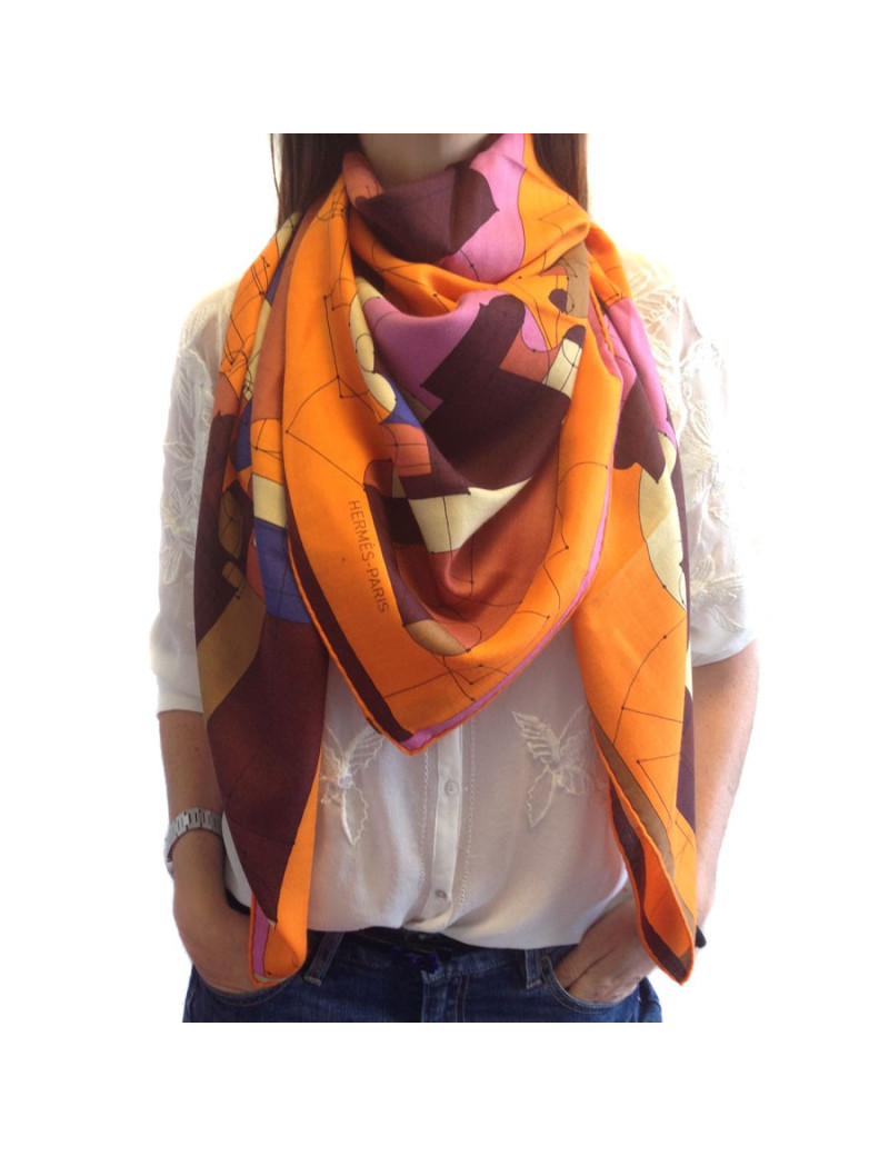 HERMES Shawl 'Echec au roi ' in multicolored cashmere and silk 