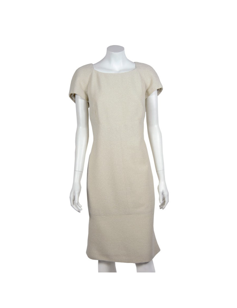 Robe CHANEL T 42 en laine et soie écru et fils d'argent