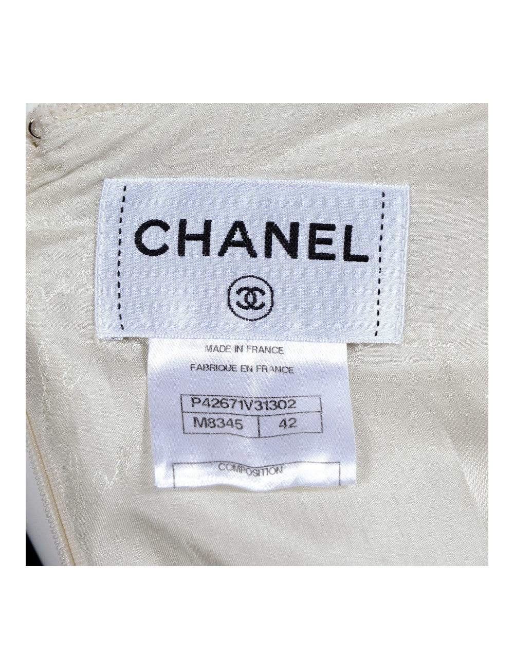 Dress CHANEL wool and ecru silk and silver T 42