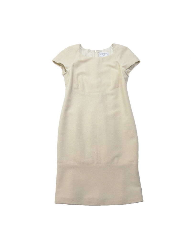 Dress CHANEL wool and ecru silk and silver T 42