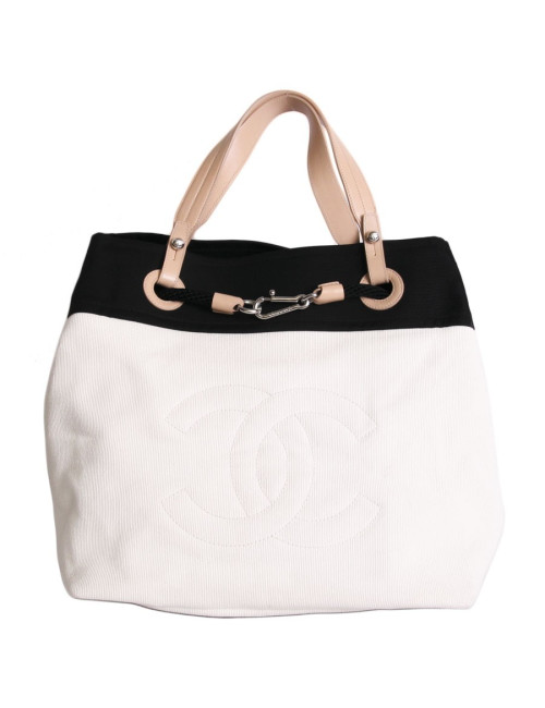 Sac cabas de plage CHANEL en toile écrue et noire