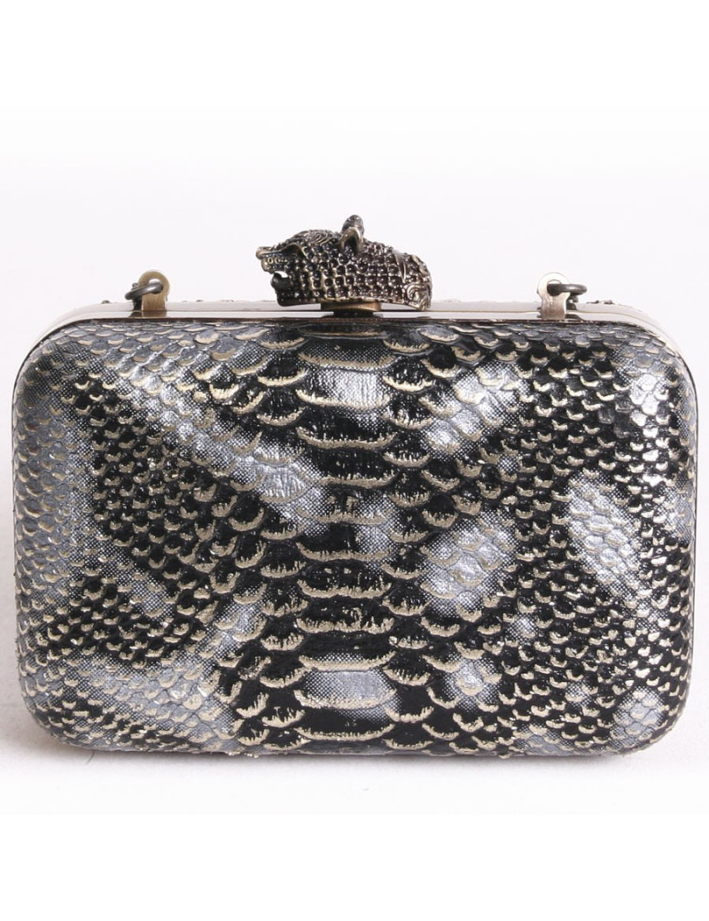 Pochette HOUSE OF HARLOW 1960 en serpent noir argent et doré