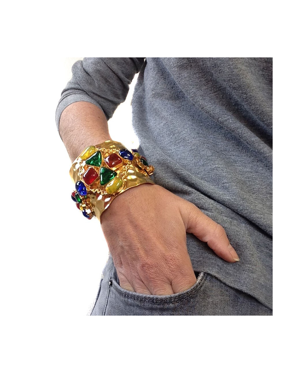 Manchette MARGUERITE DE VALOIS en métal doré et pâte de verre multicolore