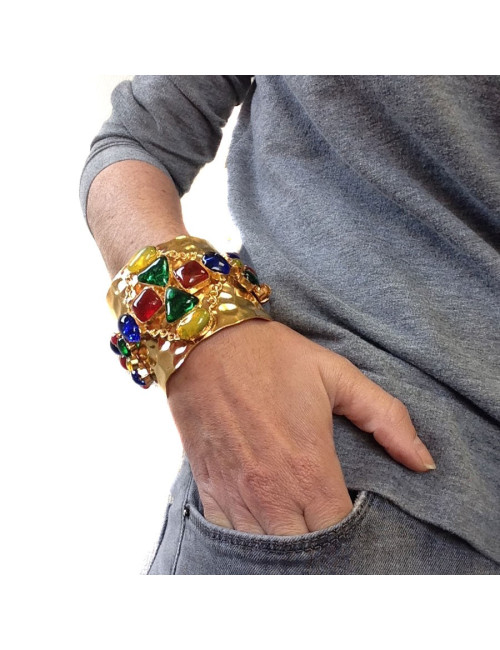 Manchette MARGUERITE DE VALOIS en métal doré et pâte de verre multicolore