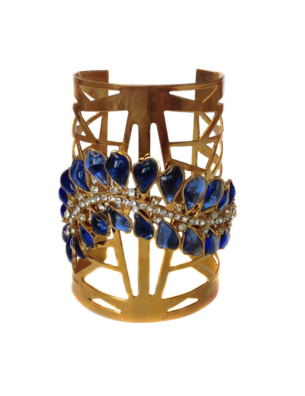 Manchette MARGUERITE DE VALOIS en métal doré,  pâte de verre bleu saphir et strass Swarovski