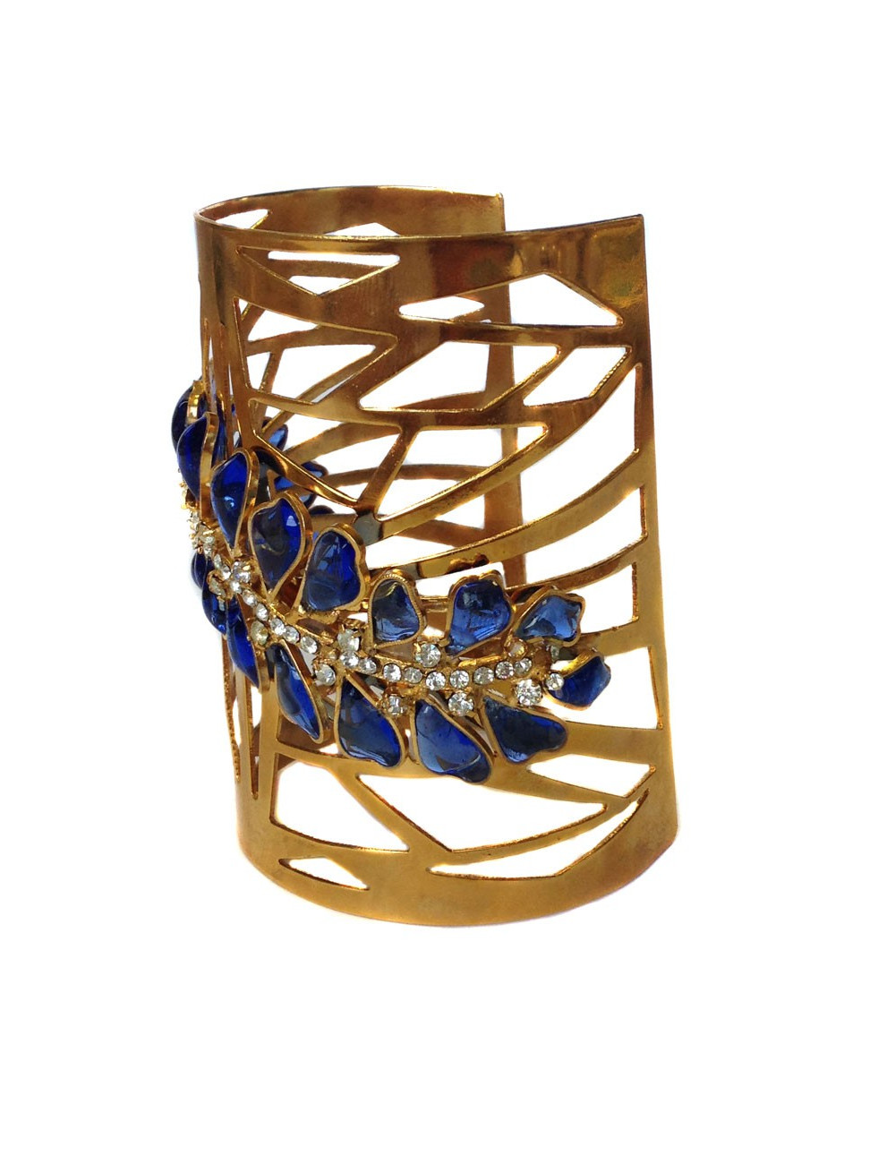Manchette MARGUERITE DE VALOIS en métal doré,  pâte de verre bleu saphir et strass Swarovski