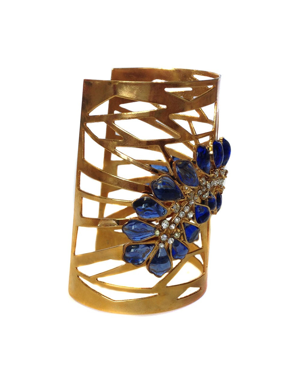 MARGUERITE of VALOIS cufflinks gold metal, block sapphire blue glass and Swarovski rhinestones