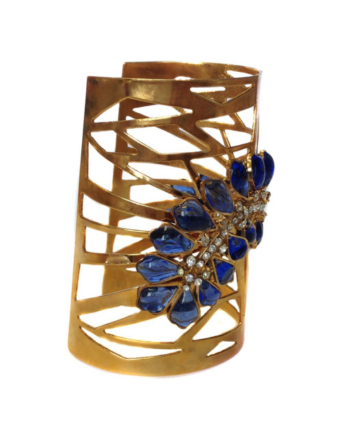 MARGUERITE of VALOIS cufflinks gold metal, block sapphire blue glass and Swarovski rhinestones