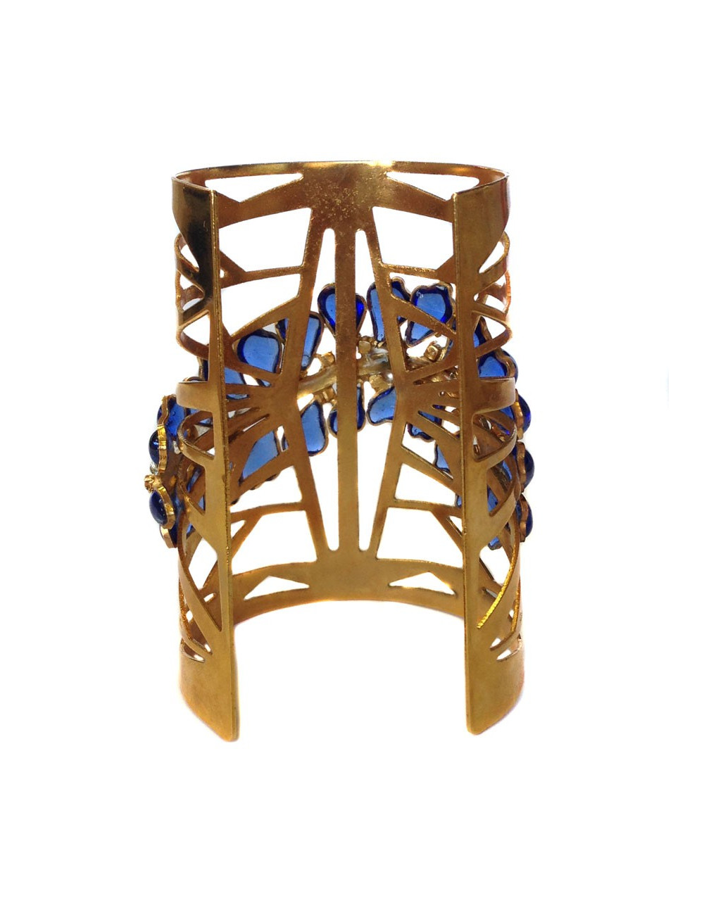 MARGUERITE of VALOIS cufflinks gold metal, block sapphire blue glass and Swarovski rhinestones