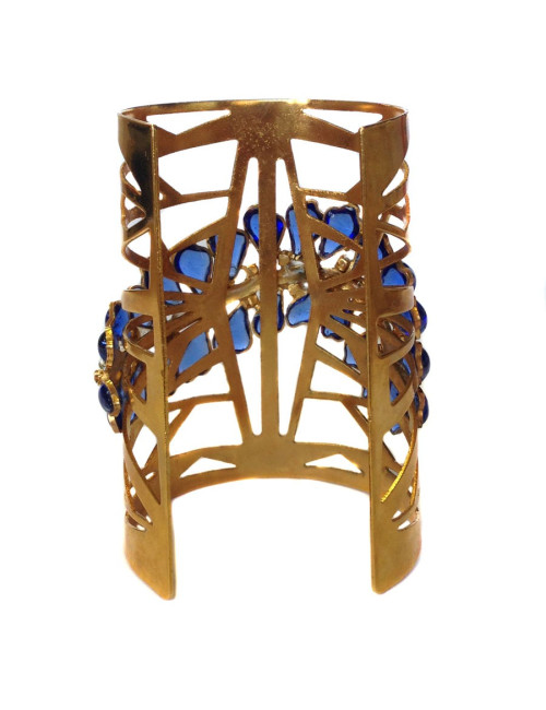 MARGUERITE of VALOIS cufflinks gold metal, block sapphire blue glass and Swarovski rhinestones