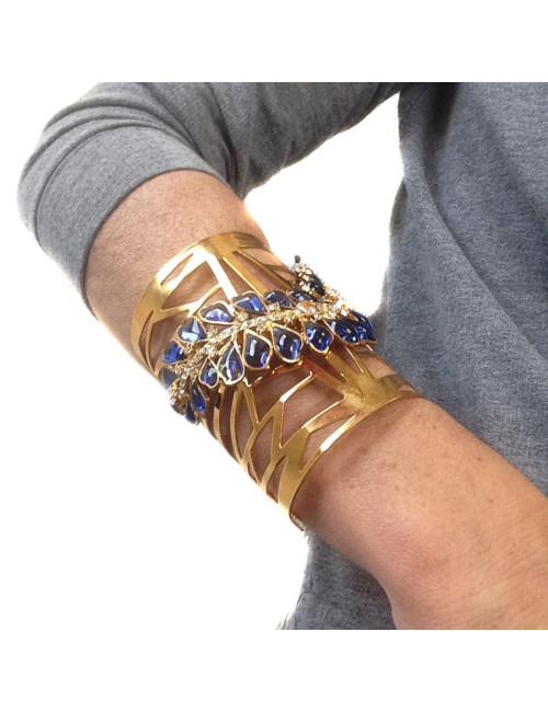 MARGUERITE of VALOIS cufflinks gold metal, block sapphire blue glass and Swarovski rhinestones