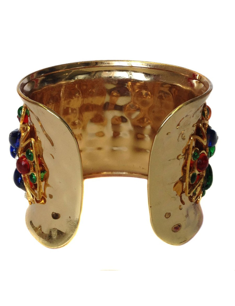Cuff MARGUERITE of VALOIS in hammered gold metal, pulp of multicolored glass and Swarovski rhinestones