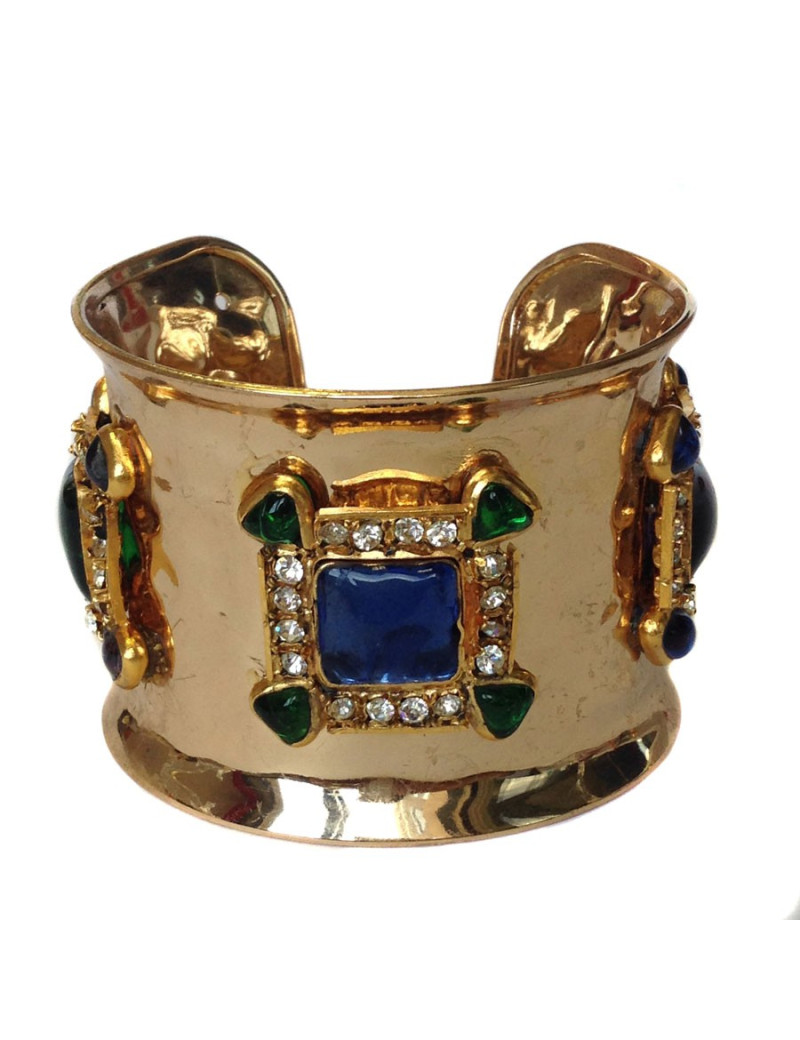 Manchette MARGUERITE DE VALOIS en métal doré martelé, pâte de verre multicolore et strass Swarovski