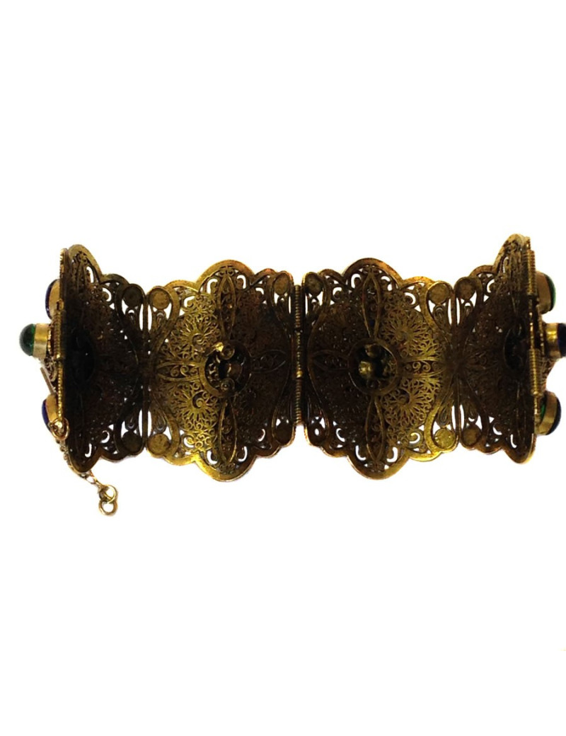 Manchette couture MARGUERITE DE VALOIS en métal doré filigrané,  pâte de verre multicolore et perle nacrée