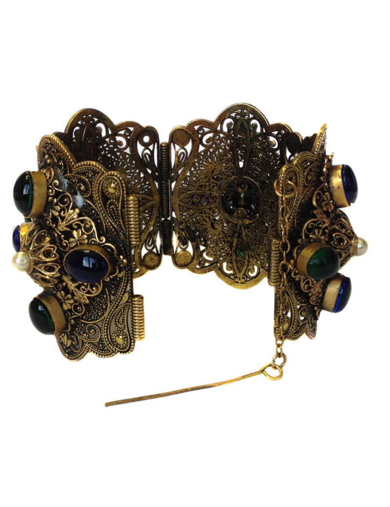 Manchette couture MARGUERITE DE VALOIS en métal doré filigrané,  pâte de verre multicolore et perle nacrée