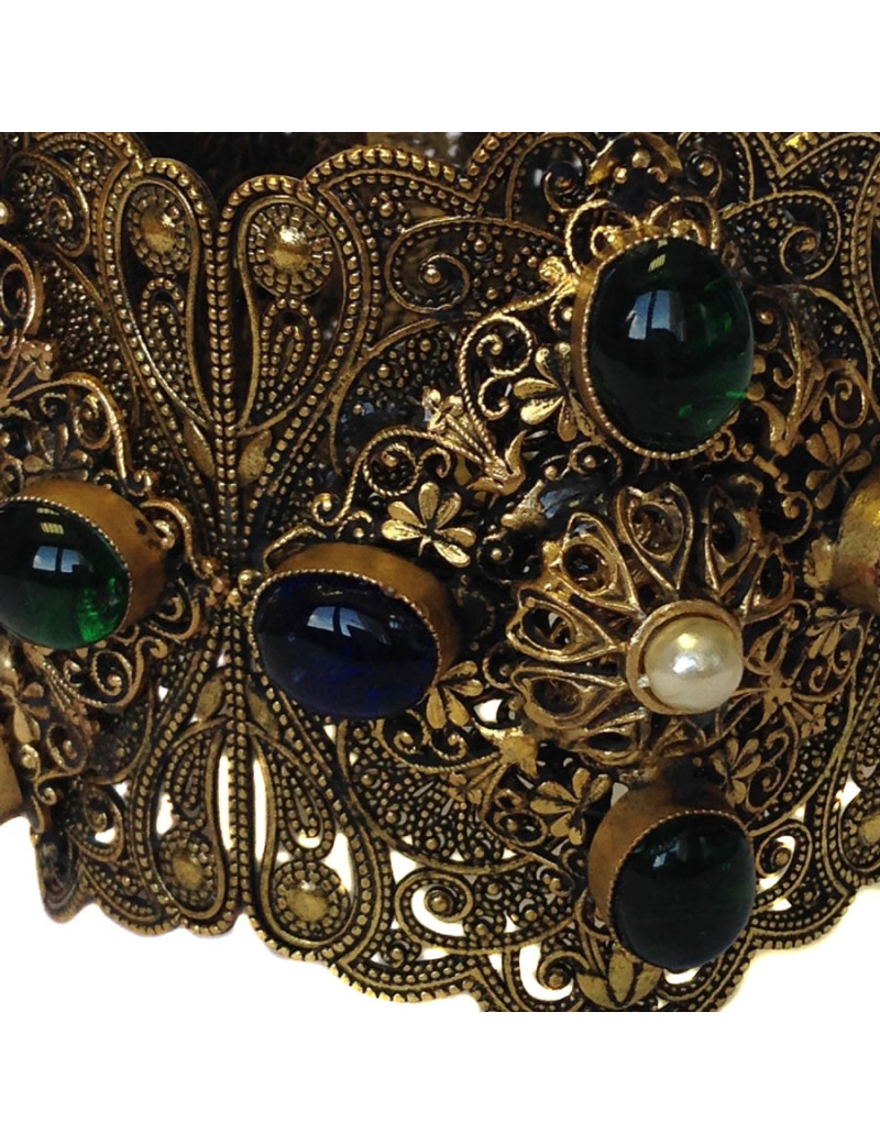 Manchette couture MARGUERITE DE VALOIS en métal doré filigrané,  pâte de verre multicolore et perle nacrée