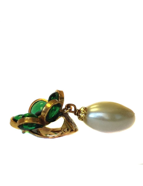 Clips floweret Marguerite of Valois Emerald glass and Pearl oval Pearl