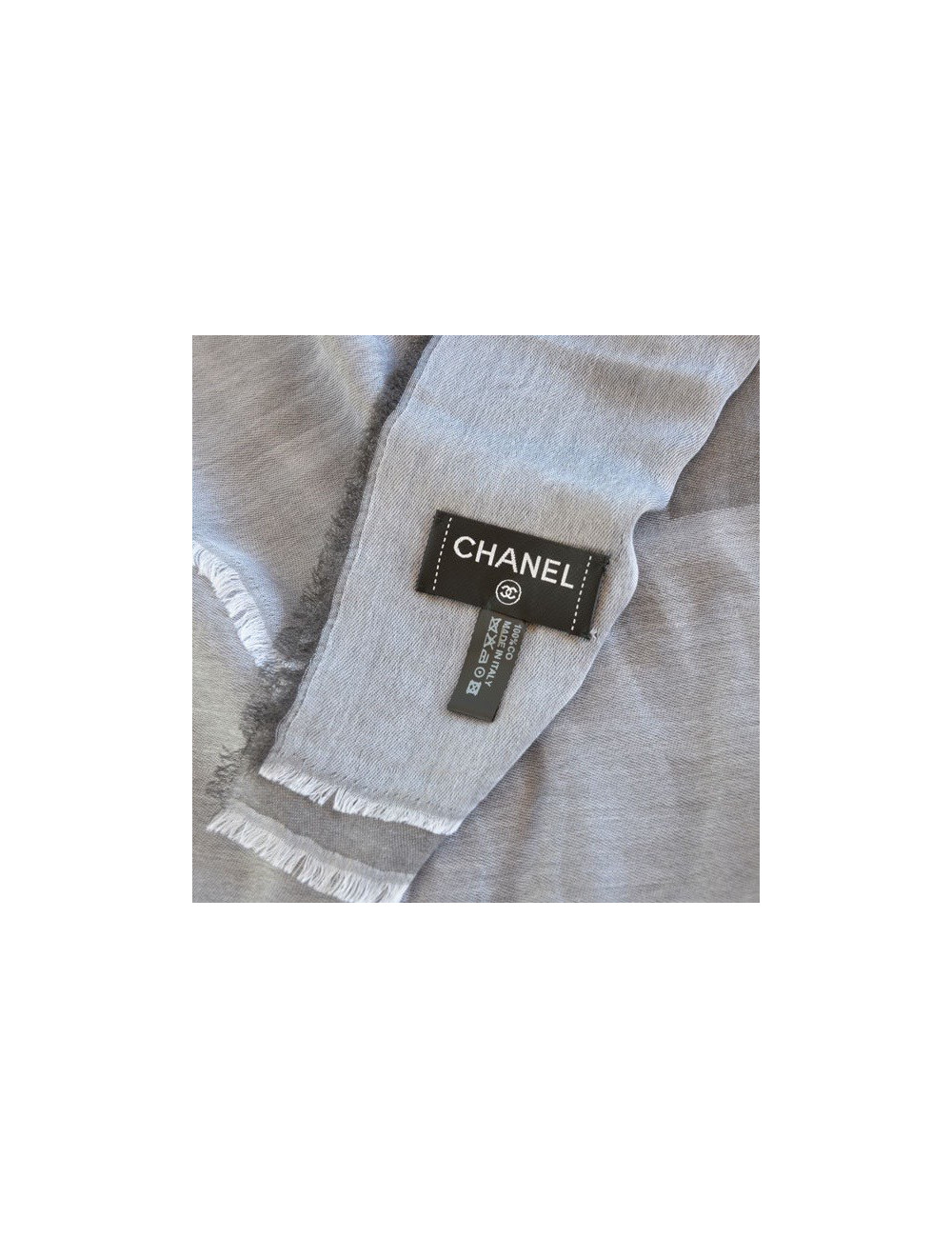 CHANEL scarf with fringe in light gray and dark gray cotton