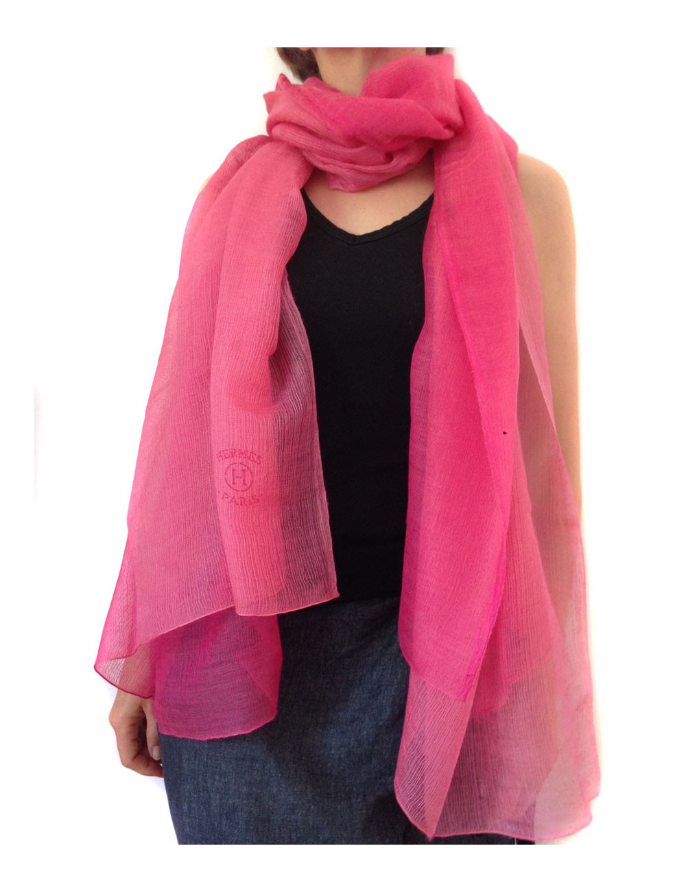 Etole HERMES Plume dans un dégradé de rose en cachemire et soie