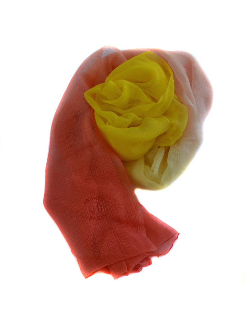 Etole HERMES  jaune dégradé rose en cachemire et soie
