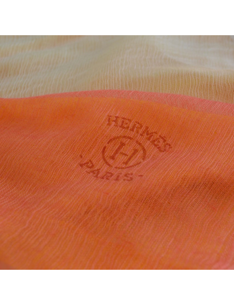 Etole HERMES  jaune dégradé rose en cachemire et soie