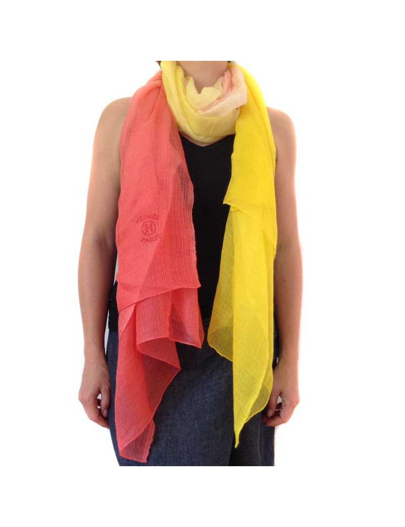 Etole HERMES  jaune dégradé rose en cachemire et soie