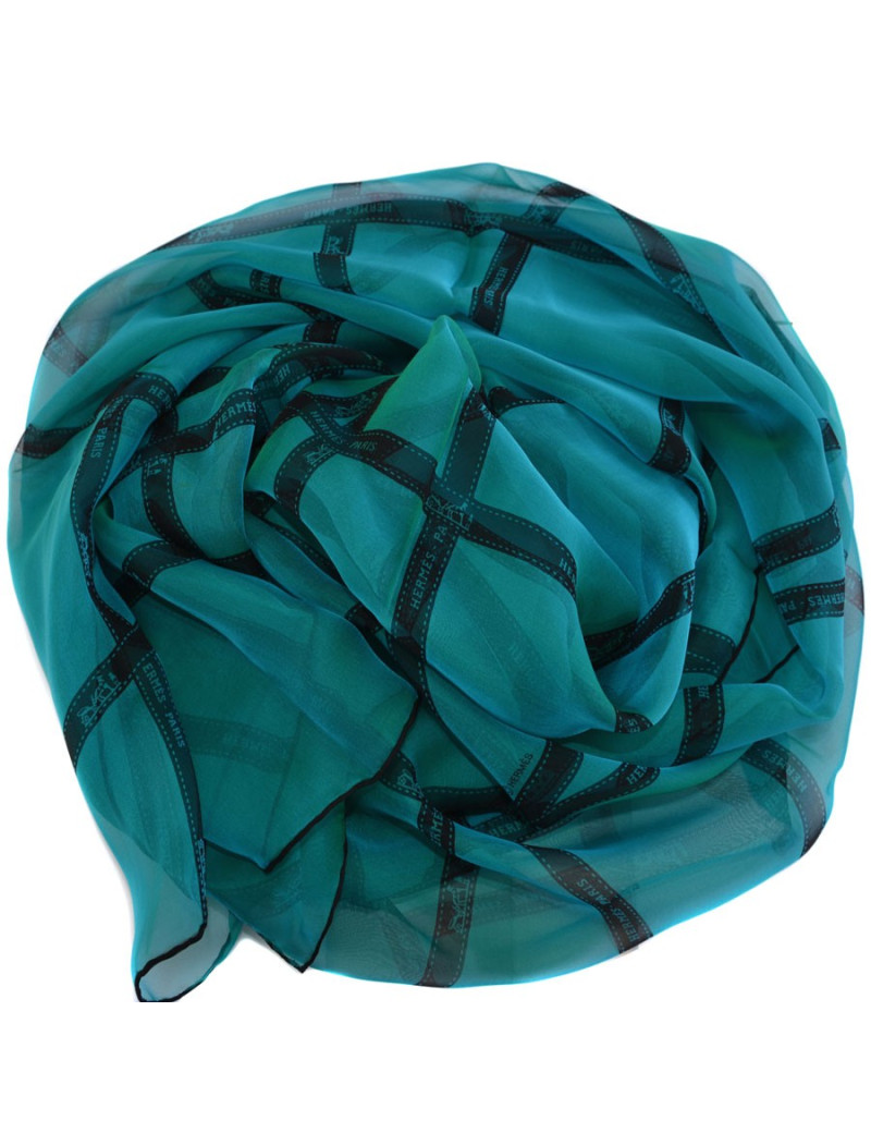Foulard HERMES  mousseline de soie bleue à reflets verts motif bolduc