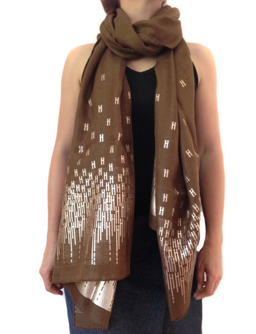 HERMES Brown, gold with silver threads stole in silk and cashmere