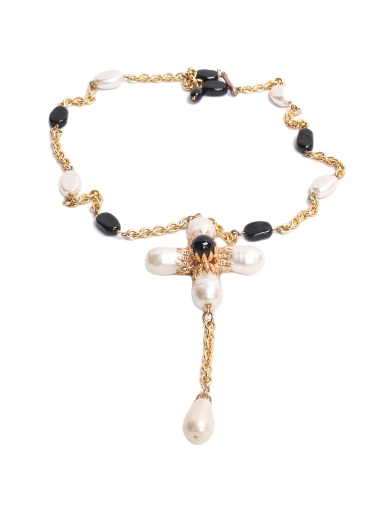 Sautoir croix  MARGUERITE DE VALOIS Couture noir et nacré