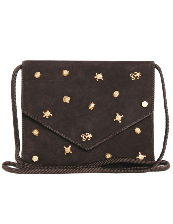 Sac pochette DOMINIQUE AURIENTIS en daim marron sertie de bijoux dorés