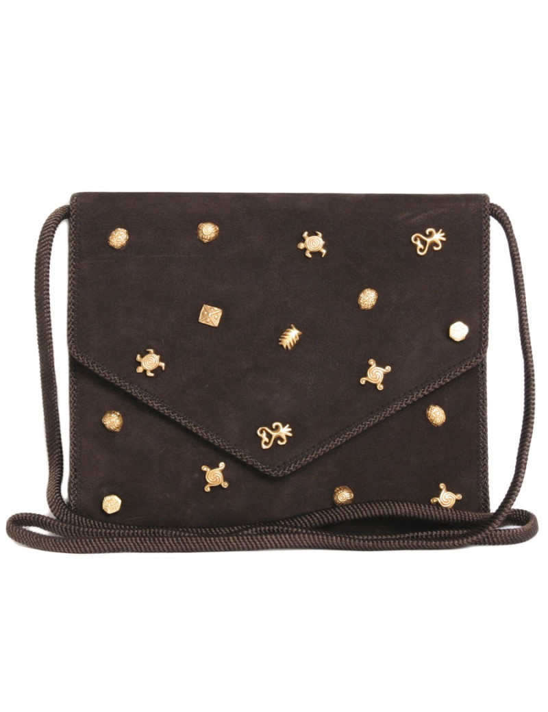 Sac pochette DOMINIQUE AURIENTIS en daim marron sertie de bijoux dorés