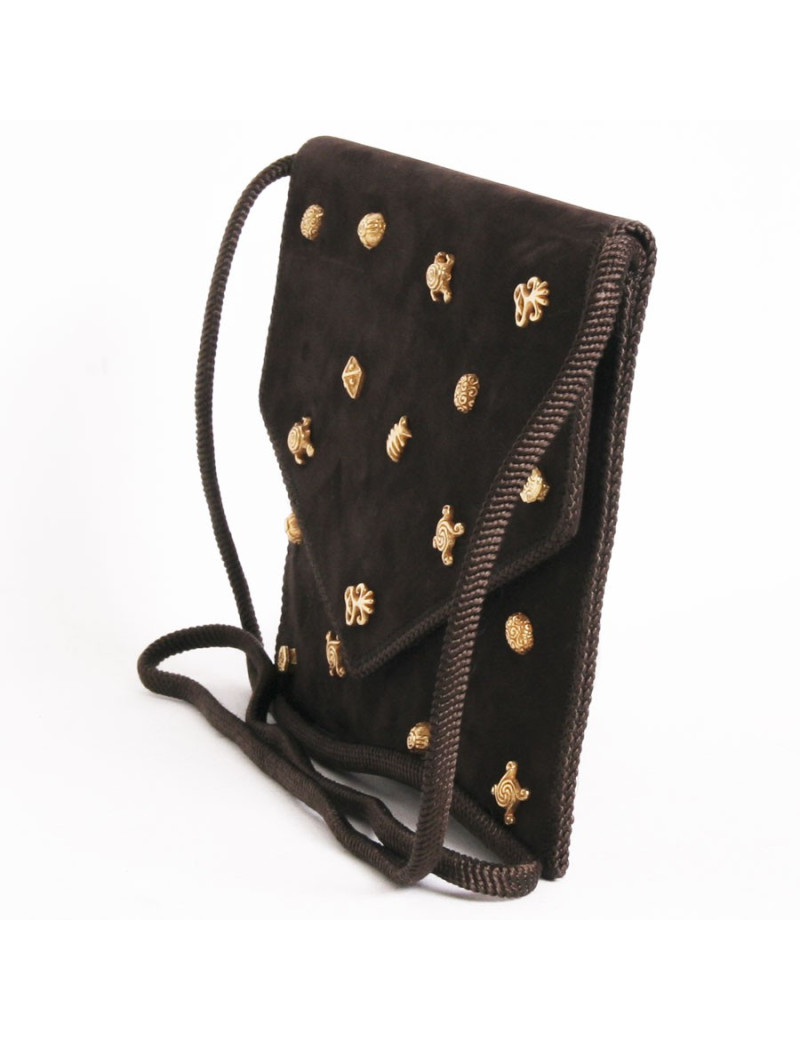 Sac pochette DOMINIQUE AURIENTIS en daim marron sertie de bijoux dorés