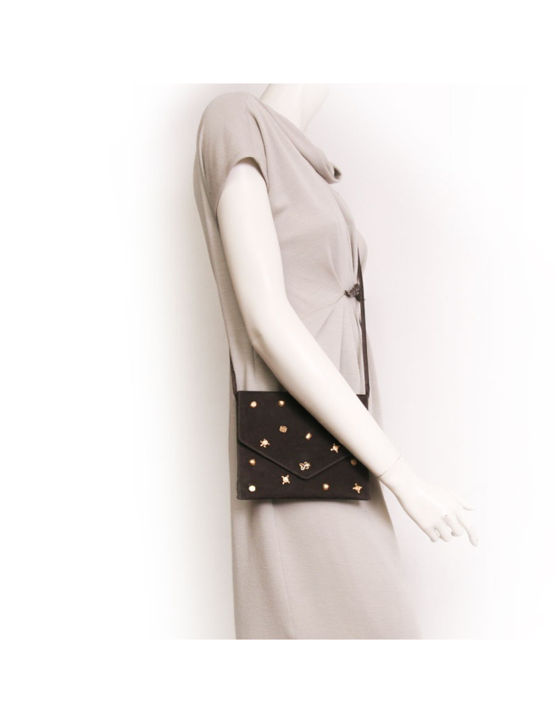 Sac pochette DOMINIQUE AURIENTIS en daim marron sertie de bijoux dorés