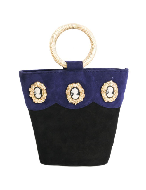 Sac  seau HERVE MASSON vintage en daim noir et bleu