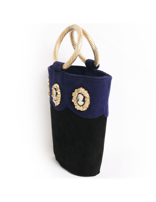 Sac  seau HERVE MASSON vintage en daim noir et bleu