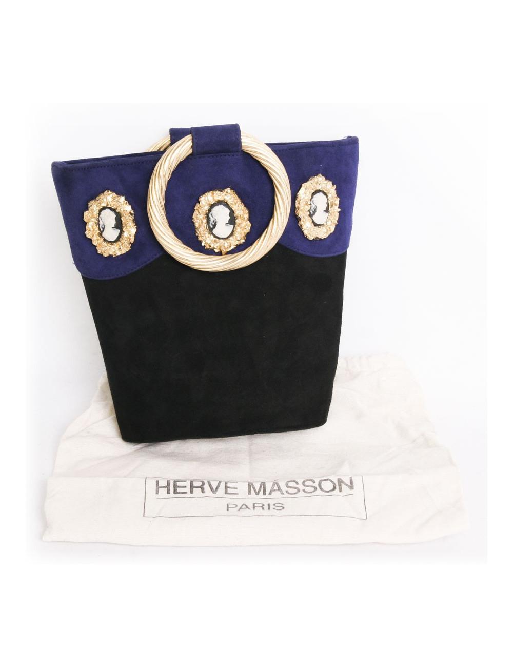 Sac  seau HERVE MASSON vintage en daim noir et bleu