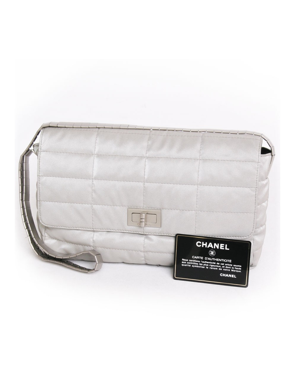 CHANEL shiny gray fabric bag
