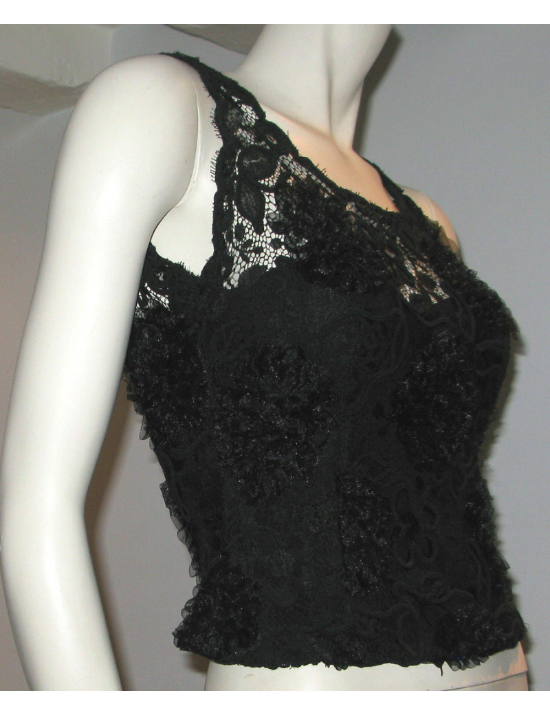 CHANEL T 38 shirt without sleeves Black Lace embroidery Lesage