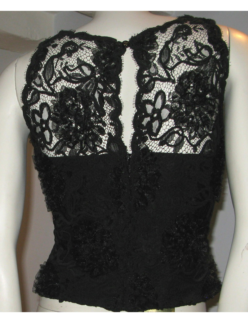 CHANEL T 38 shirt without sleeves Black Lace embroidery Lesage