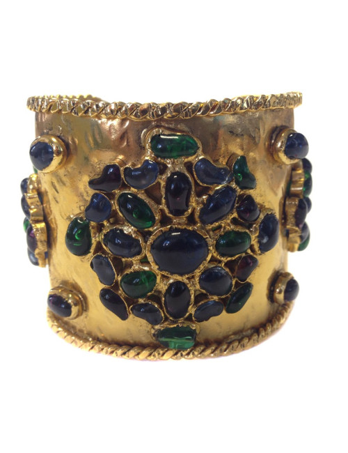 Manchette couture MARGUERITE DE VALOIS en métal doré à l'or fin et pâte de verre multicolore 