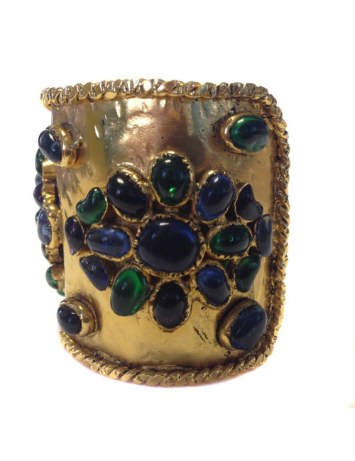 Manchette couture MARGUERITE DE VALOIS en métal doré à l'or fin et pâte de verre multicolore 