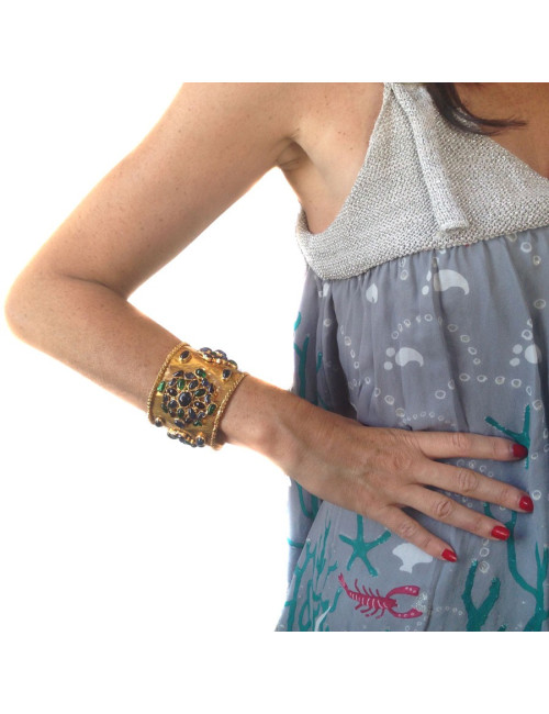 Manchette couture MARGUERITE DE VALOIS en métal doré à l'or fin et pâte de verre multicolore 